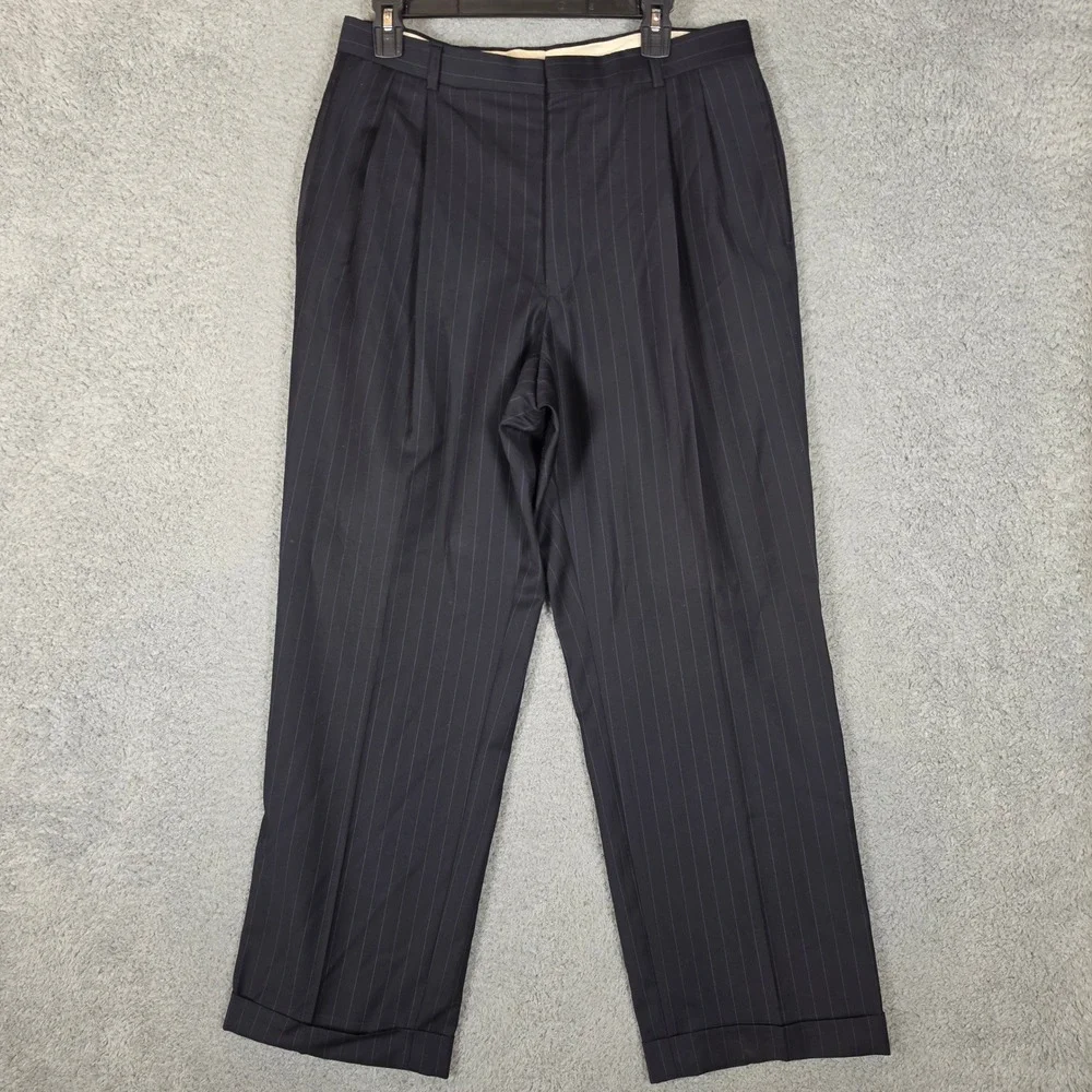 Savile Row Suit Men 40R W34 Navy Blue Two Pieces Pinstripe Pleated Cuffed Wool